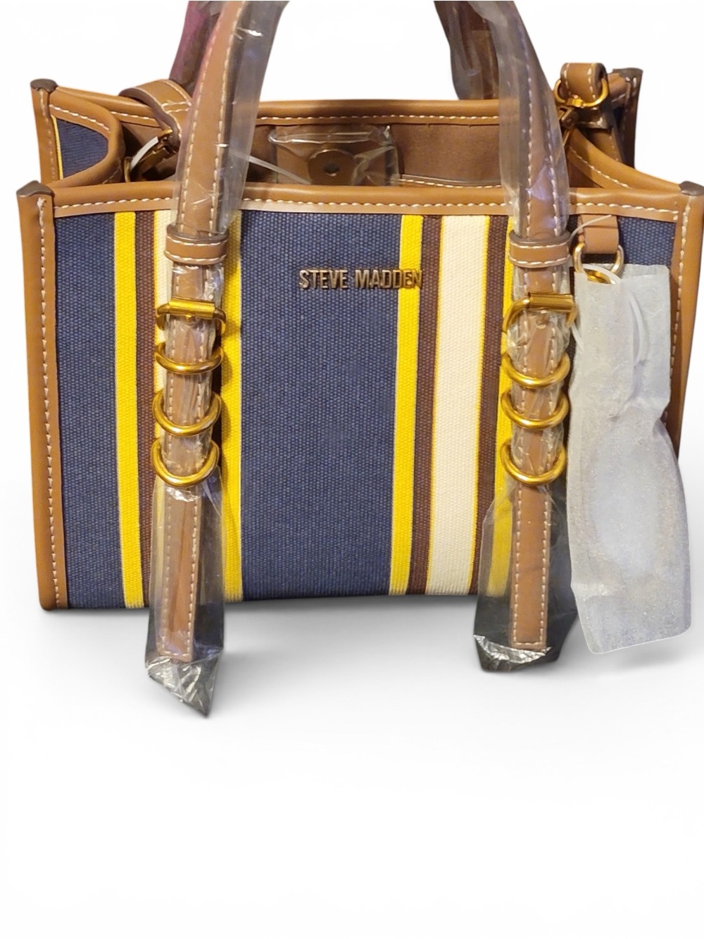 Steve Madden Navy Yellow Stripe Canvas Crossbody with Tan Trim